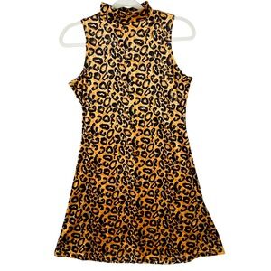 Pia USA Womens Leopard Print Mock Neck Sleeveless Mini Shift Dress Brown Black